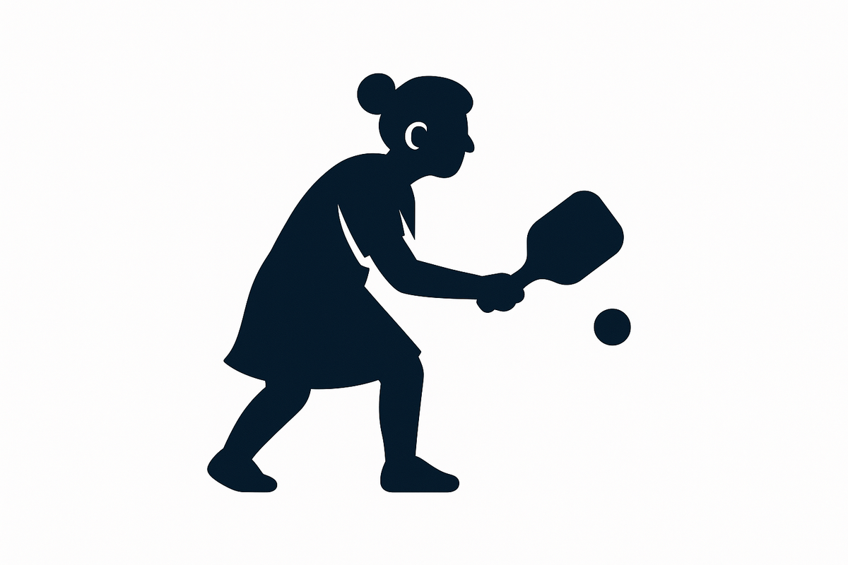 OLD WOMAN PLAYING PICKLEBALL, ONE COLOR FILLED IN, MINIMALIST