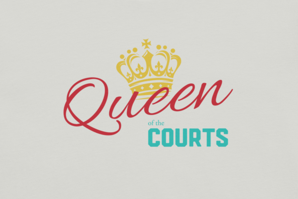 Logo with 'Queen of the Courts' text and a crown on a light gray background