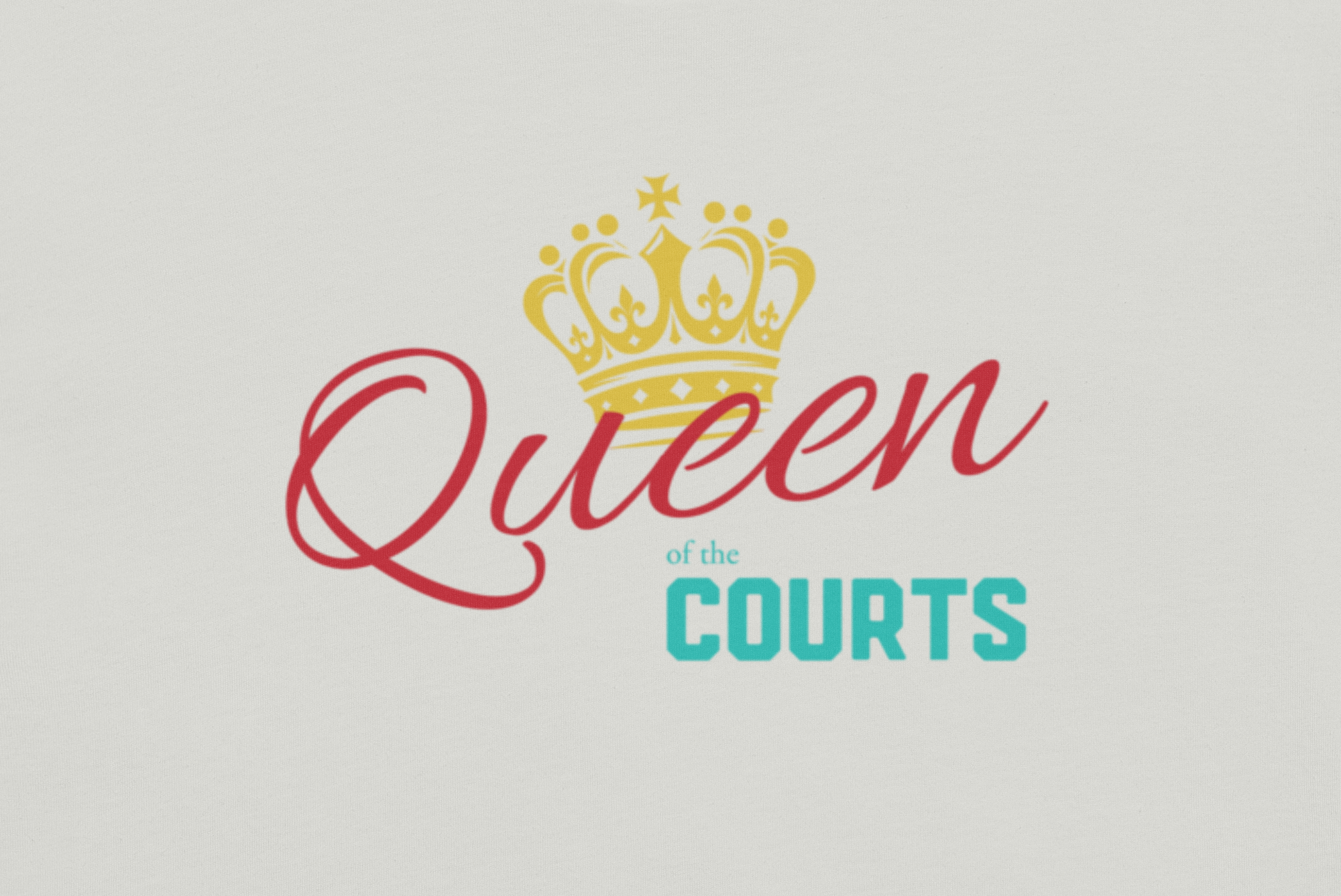 Logo with 'Queen of the Courts' text and a crown on a light gray background